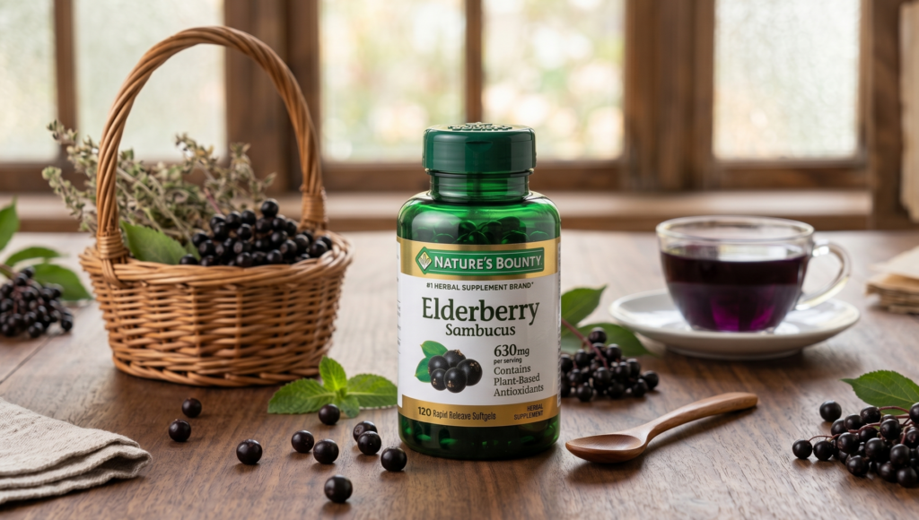 Um frasco verde de suplemento Nature's Bounty Elderberry Sambucus (Sabugueiro) 630mg. O produto é apresentado como uma forma de criar um escudo biológico natural.